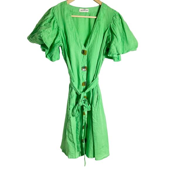 Nicholas Troy Green Linen Button Front Tie Waist Short Sleeve Dress Size 4 - Picture 3 of 12